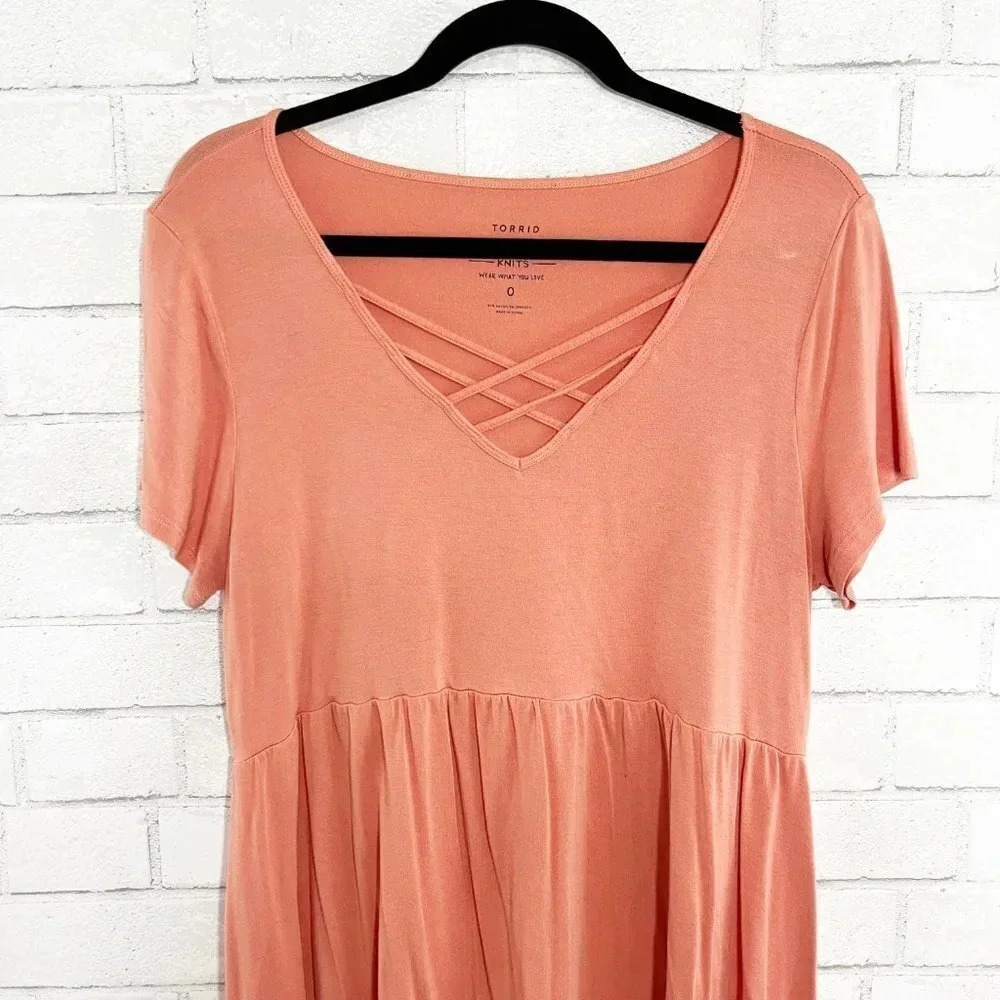 Torrid Salmon/Orange High Low Baby Doll Tunic Tee with Strappy Front Women's 0X - Picture 3 of 8